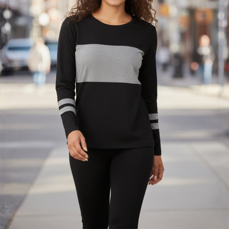 Ensemble 2 pièces pour femme : haut à col rond et pantalon color block