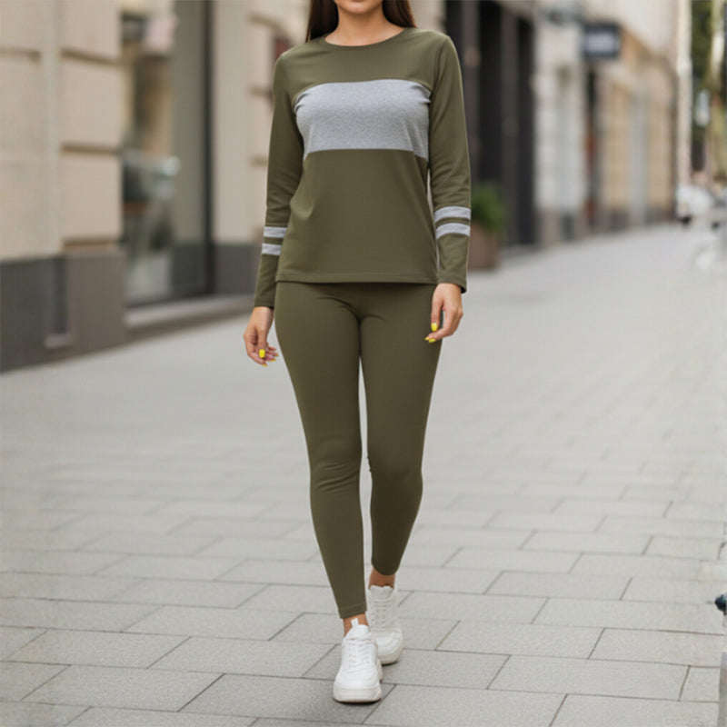 Ensemble 2 pièces pour femme : haut à col rond et pantalon color block