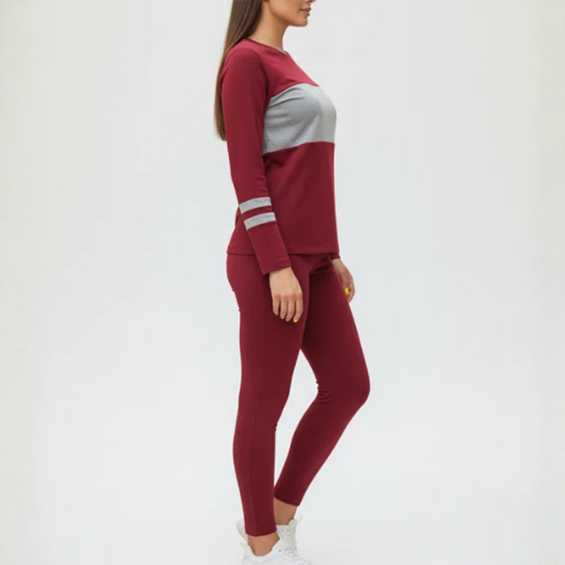 Ensemble 2 pièces pour femme : haut à col rond et pantalon color block