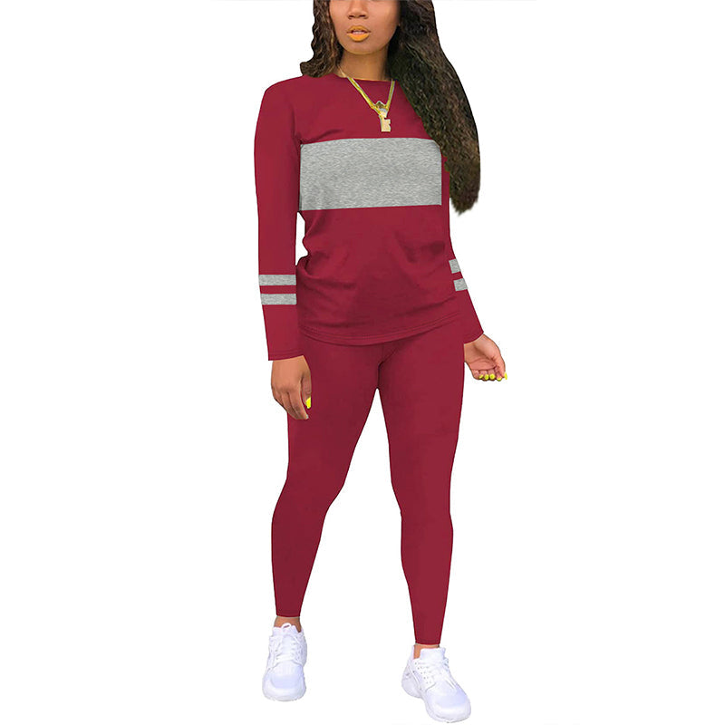 Ensemble 2 pièces pour femme : haut à col rond et pantalon color block