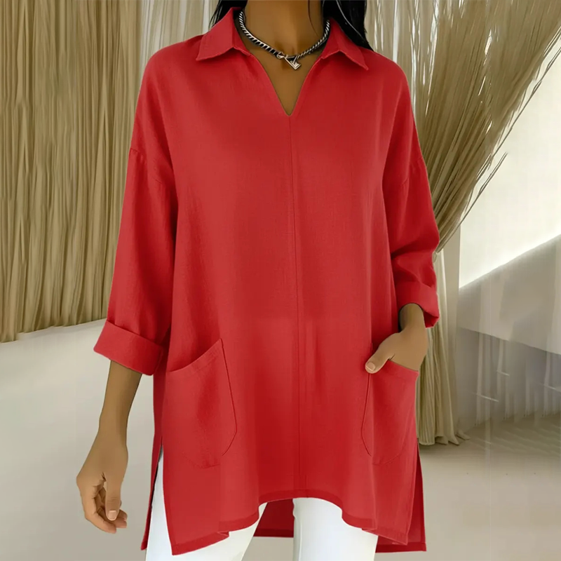 🛍️ Chic Pratique Quotidien - Haut Tunique Femme à Poches et Revers - Style Décontracté & Élégant 【Indispensable Polyvalent】