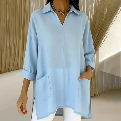 🛍️ Chic Pratique Quotidien - Haut Tunique Femme à Poches et Revers - Style Décontracté & Élégant 【Indispensable Polyvalent】