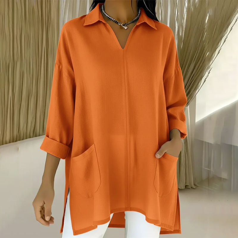 🛍️ Chic Pratique Quotidien - Haut Tunique Femme à Poches et Revers - Style Décontracté & Élégant 【Indispensable Polyvalent】