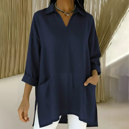 🛍️ Chic Pratique Quotidien - Haut Tunique Femme à Poches et Revers - Style Décontracté & Élégant 【Indispensable Polyvalent】