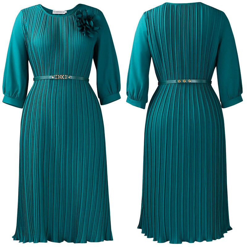 Robe midi plissée à manches 3/4 avec ceinture pour femme