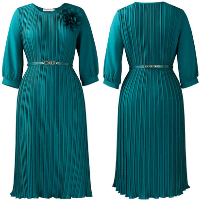 Robe midi plissée à manches 3/4 avec ceinture pour femme