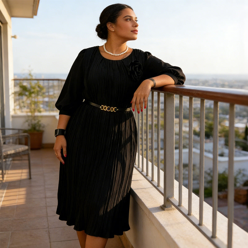 Robe midi plissée à manches 3/4 avec ceinture pour femme