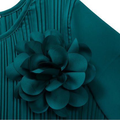Robe midi plissée à manches 3/4 avec ceinture pour femme