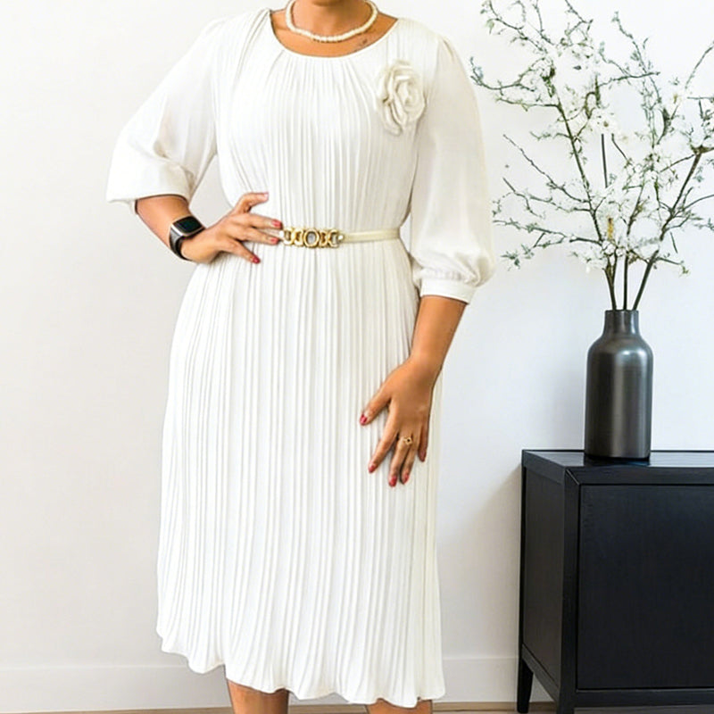 Robe midi plissée à manches 3/4 avec ceinture pour femme