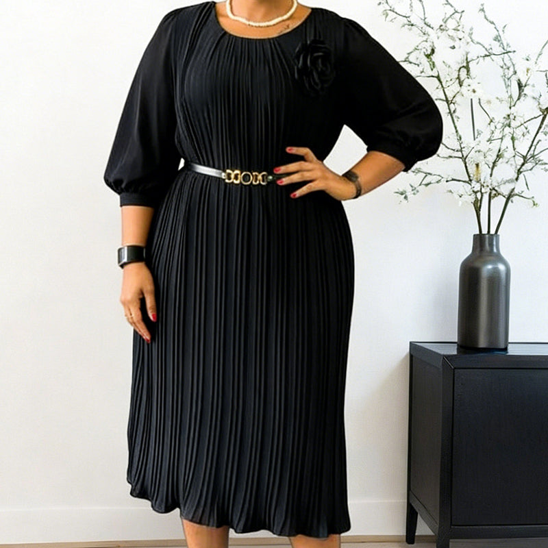 Robe midi plissée à manches 3/4 avec ceinture pour femme