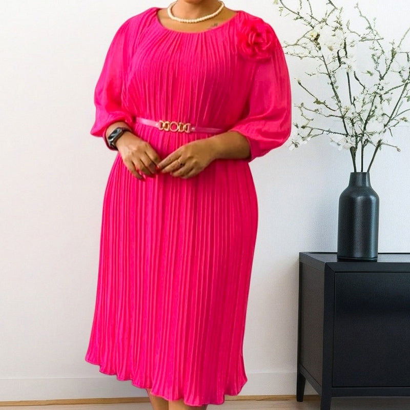 Robe midi plissée à manches 3/4 avec ceinture pour femme