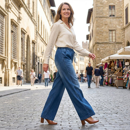 ✨Jean denim à taille élastiquée et jambes larges pour femme