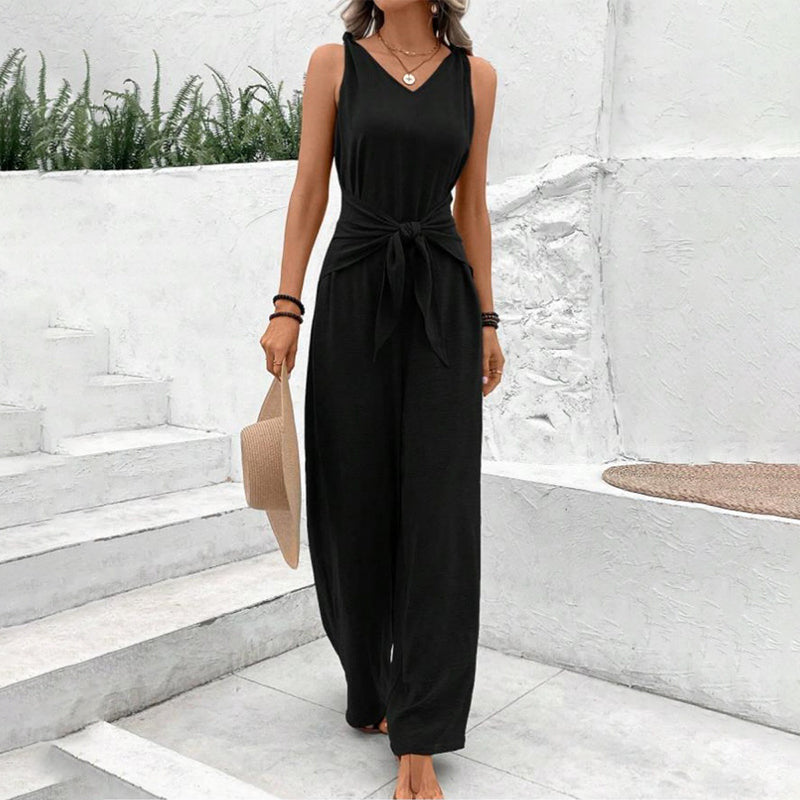 Combi-pantalon unie avec ceinture à nouer pour femme