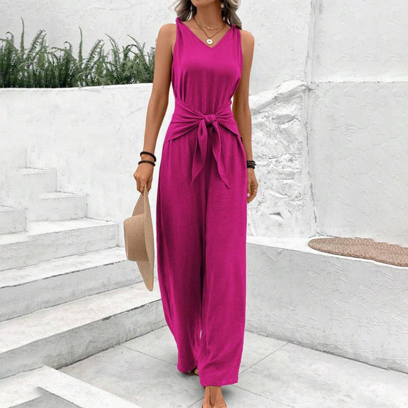 Combi-pantalon unie avec ceinture à nouer pour femme