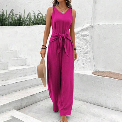 Combi-pantalon unie avec ceinture à nouer pour femme