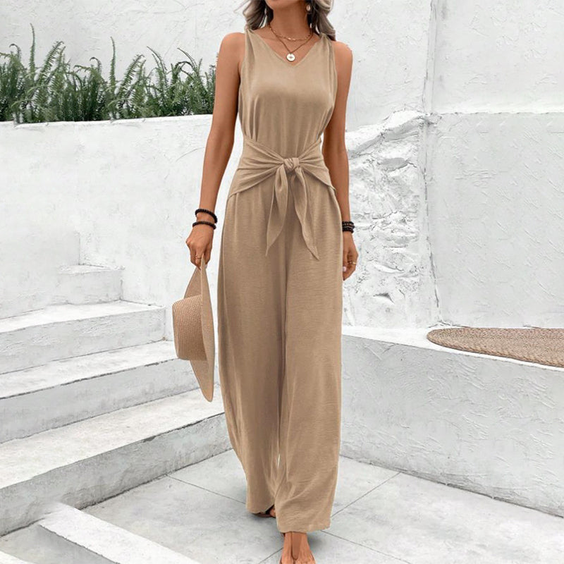 Combi-pantalon unie avec ceinture à nouer pour femme