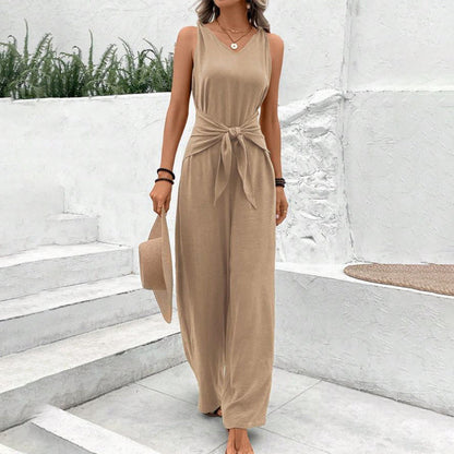 Combi-pantalon unie avec ceinture à nouer pour femme