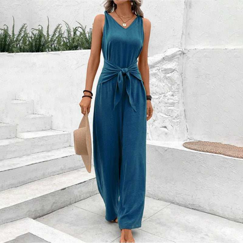 Combi-pantalon unie avec ceinture à nouer pour femme
