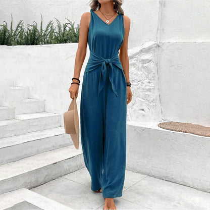Combi-pantalon unie avec ceinture à nouer pour femme