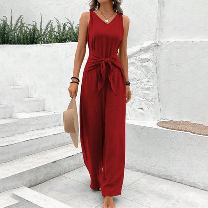 Combi-pantalon unie avec ceinture à nouer pour femme