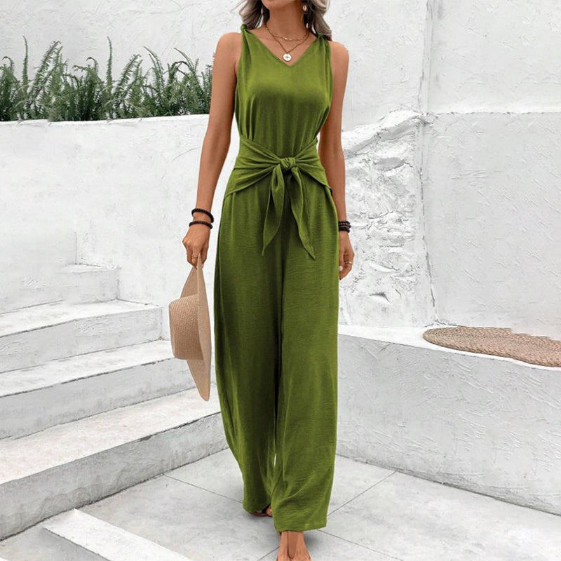 Combi-pantalon unie avec ceinture à nouer pour femme