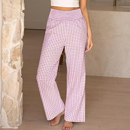 Pantalon large à taille haute en vichy pour femme