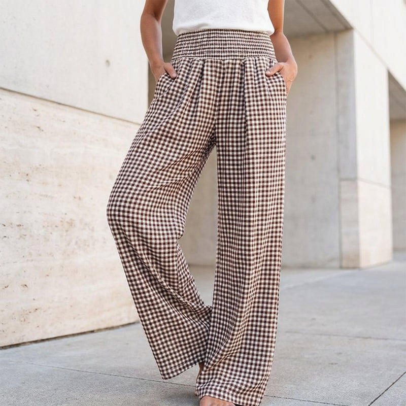 Pantalon large à taille haute en vichy pour femme