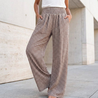 Pantalon large à taille haute en vichy pour femme