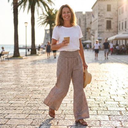 Pantalon large à taille haute en vichy pour femme