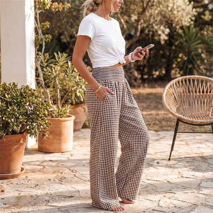 Pantalon large à taille haute en vichy pour femme