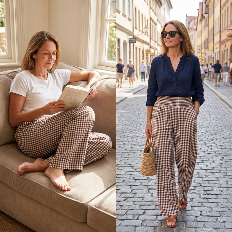 Pantalon large à taille haute en vichy pour femme