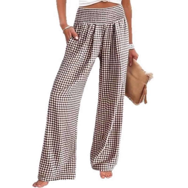 Pantalon large à taille haute en vichy pour femme