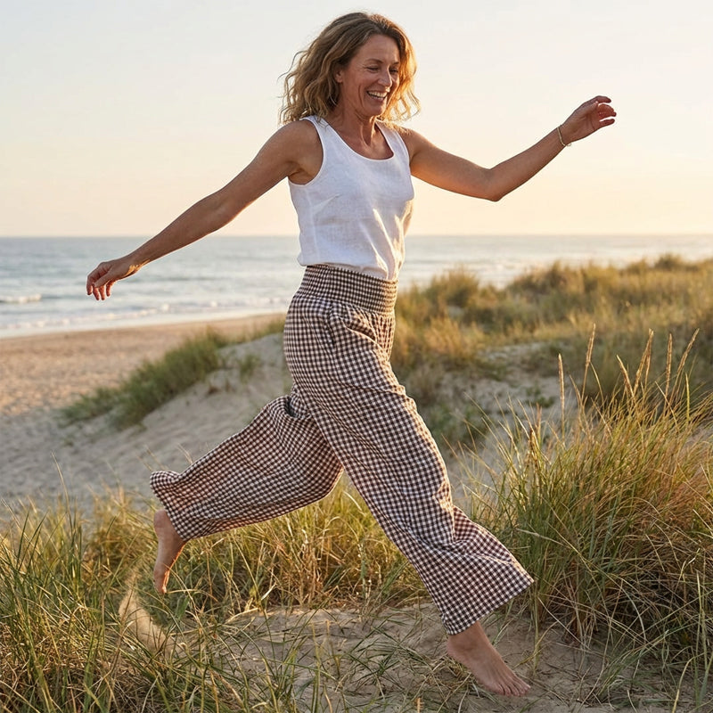 Pantalon large à taille haute en vichy pour femme