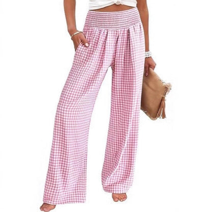 Pantalon large à taille haute en vichy pour femme
