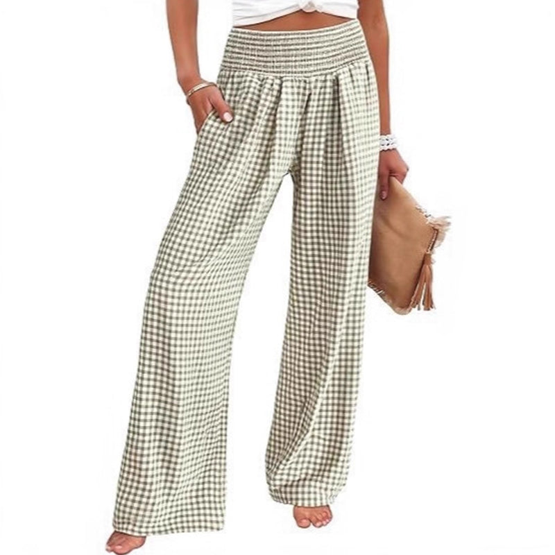 Pantalon large à taille haute en vichy pour femme
