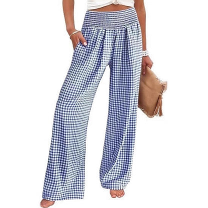 Pantalon large à taille haute en vichy pour femme