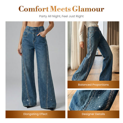 Jean large à jambes larges pour femme, orné de strass