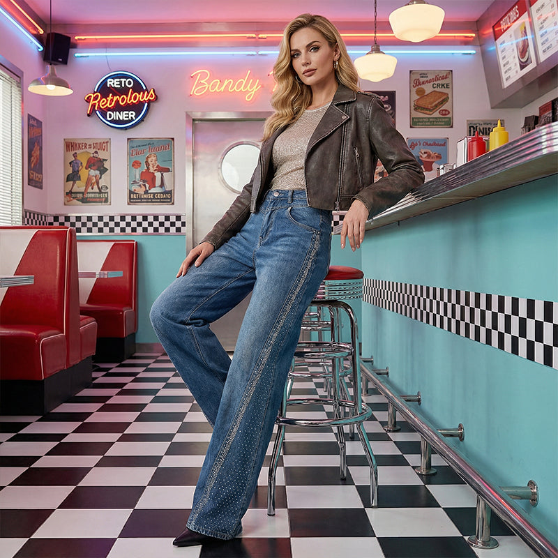 Jean large à jambes larges pour femme, orné de strass