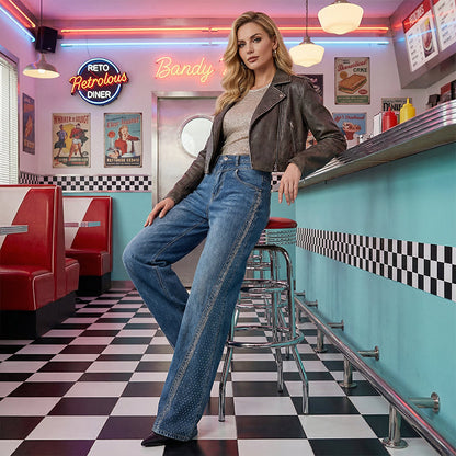 Jean large à jambes larges pour femme, orné de strass