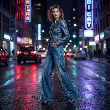 Jean large à jambes larges pour femme, orné de strass