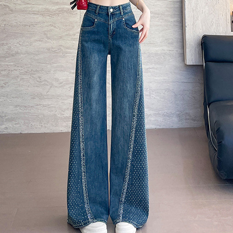 Jean large à jambes larges pour femme, orné de strass