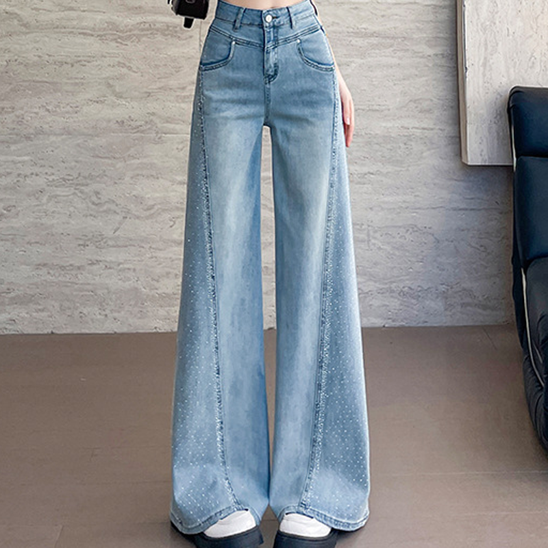 Jean large à jambes larges pour femme, orné de strass