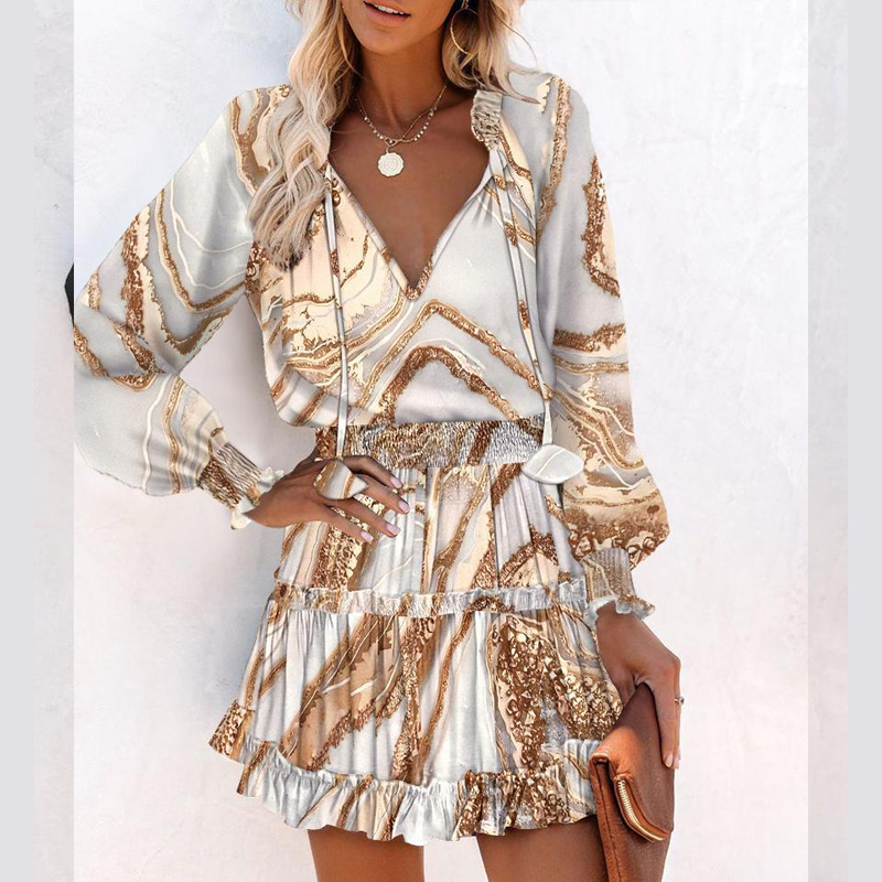 Mini-robe à col en V, manches longues et ourlet volanté pour femme