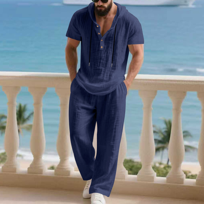 Ensemble deux pièces en lin pour homme : chemise Henley à capuche et pantalon