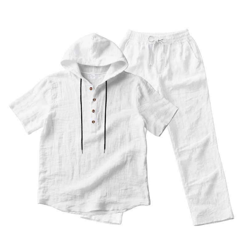 Ensemble deux pièces en lin pour homme : chemise Henley à capuche et pantalon