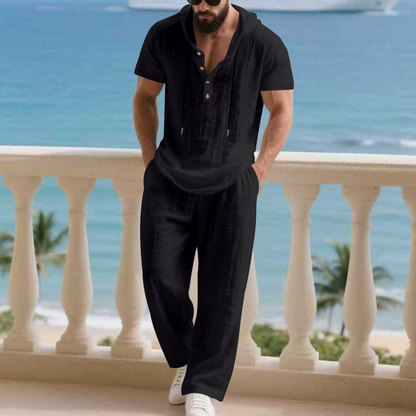 Ensemble deux pièces en lin pour homme : chemise Henley à capuche et pantalon