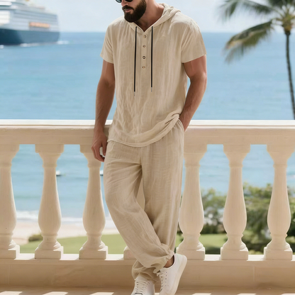 Ensemble deux pièces en lin pour homme : chemise Henley à capuche et pantalon