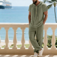 Ensemble deux pièces en lin pour homme : chemise Henley à capuche et pantalon