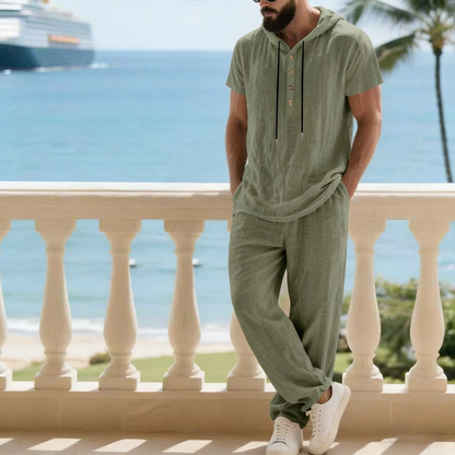 Ensemble deux pièces en lin pour homme : chemise Henley à capuche et pantalon