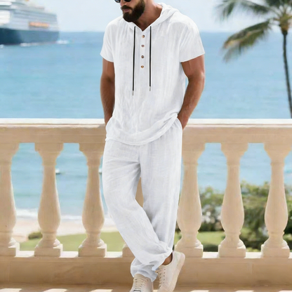 Ensemble deux pièces en lin pour homme : chemise Henley à capuche et pantalon
